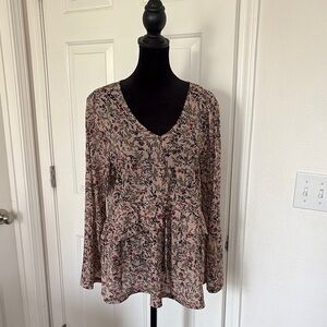 Style & Co. Pink and Green Long Sleeve Tie Front Blouse